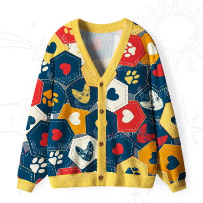 Purplehecate Whimsical Cat Paw Love Ugly Cardigan Sweaters