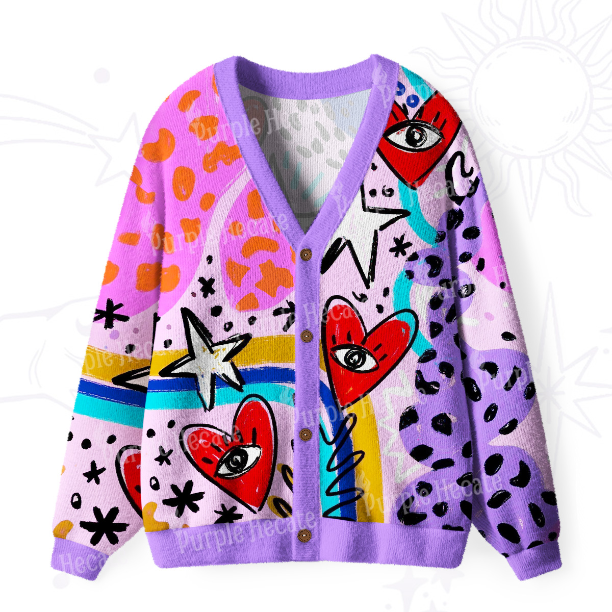 Purplehecate Cosmic Love Eyes Graffiti Ugly Cardigan Sweaters