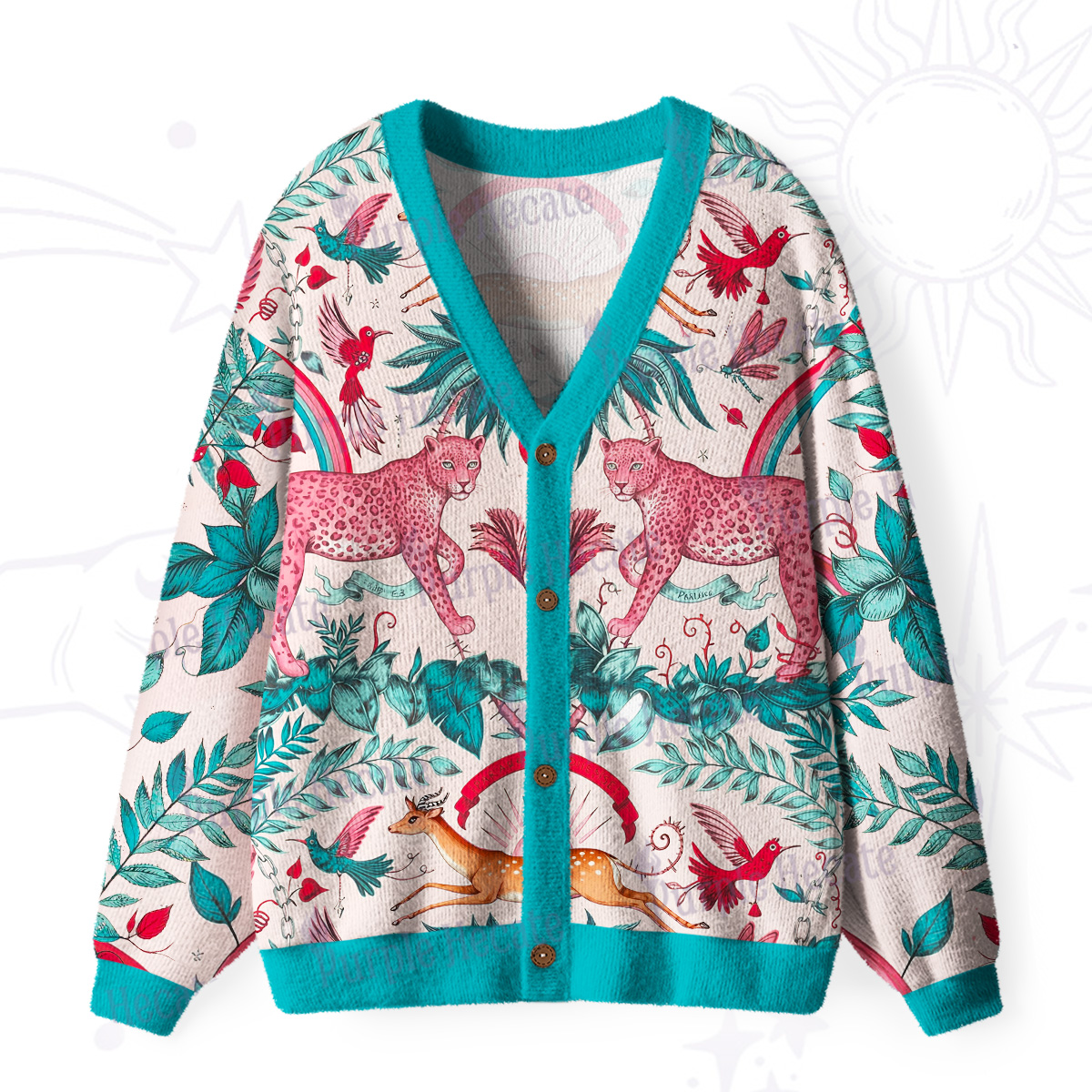 Purplehecate Enchanted Forest Pink Leopard Ugly Cardigan Sweaters