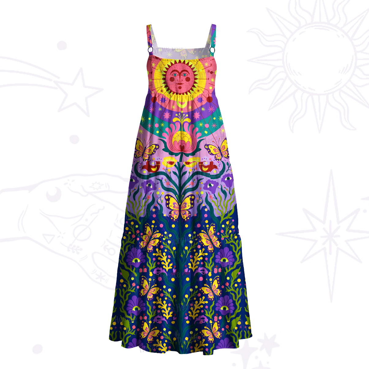 Purplehecate Psychedelic Sunshine Garden Wide Straps Maxi Dress