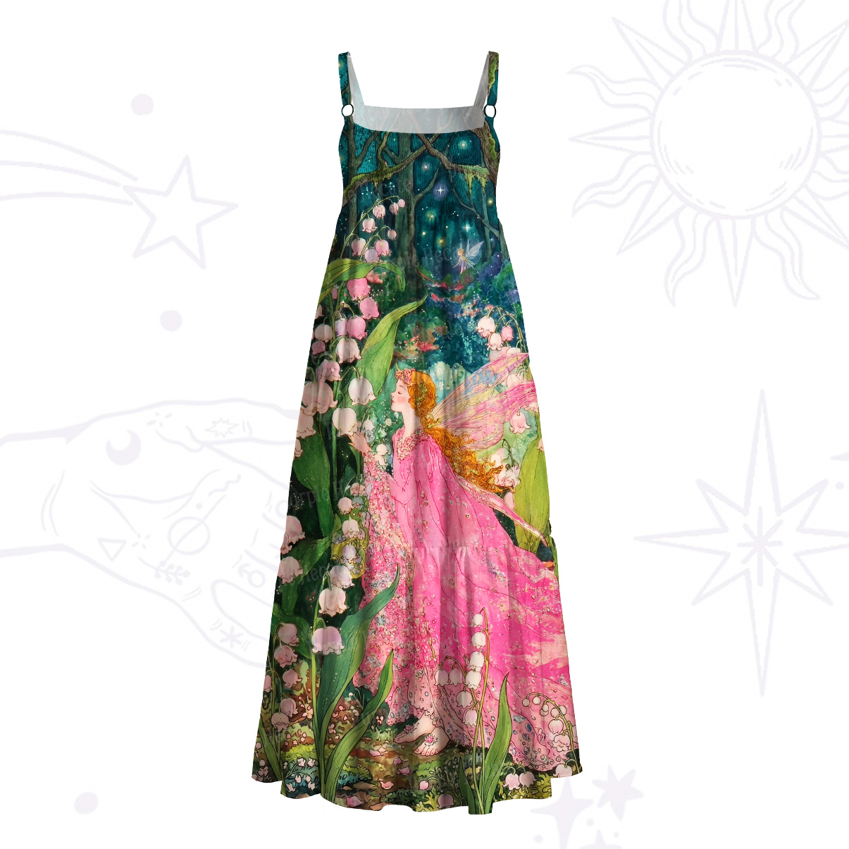 Purplehecate Mystic Secret Lily Fairy Forest Wide Straps Maxi Dress