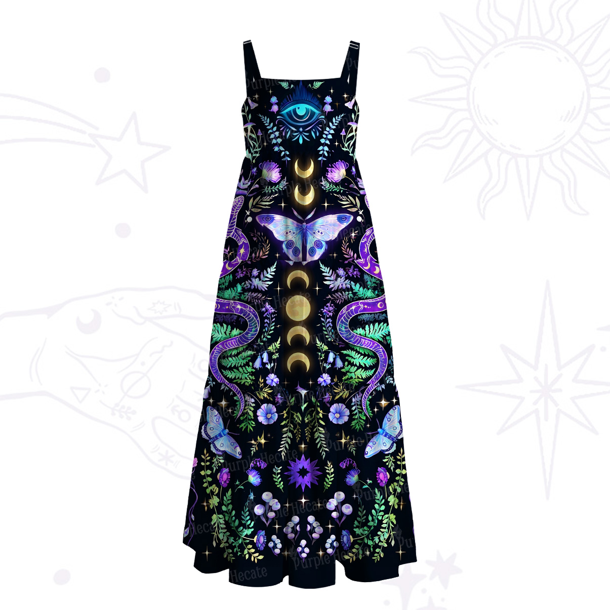 Purplehecate Moon Moth Witchery Wide Straps Maxi Dress