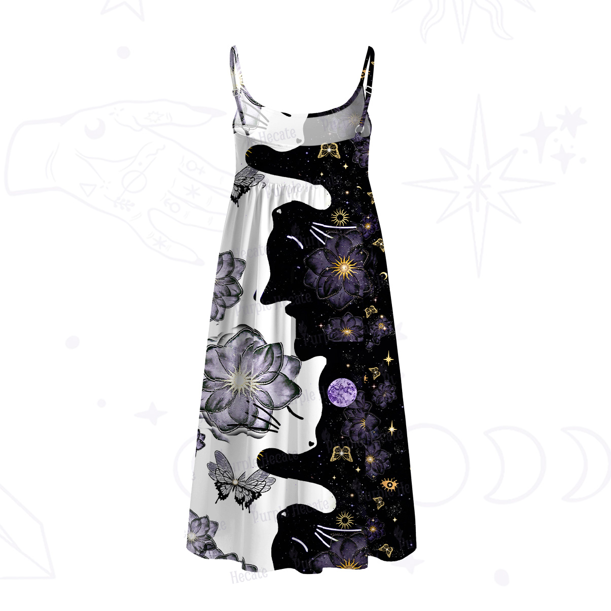 Purplehecate Starlit Cats & Butterflies Spaghetti Strap Midi Dress