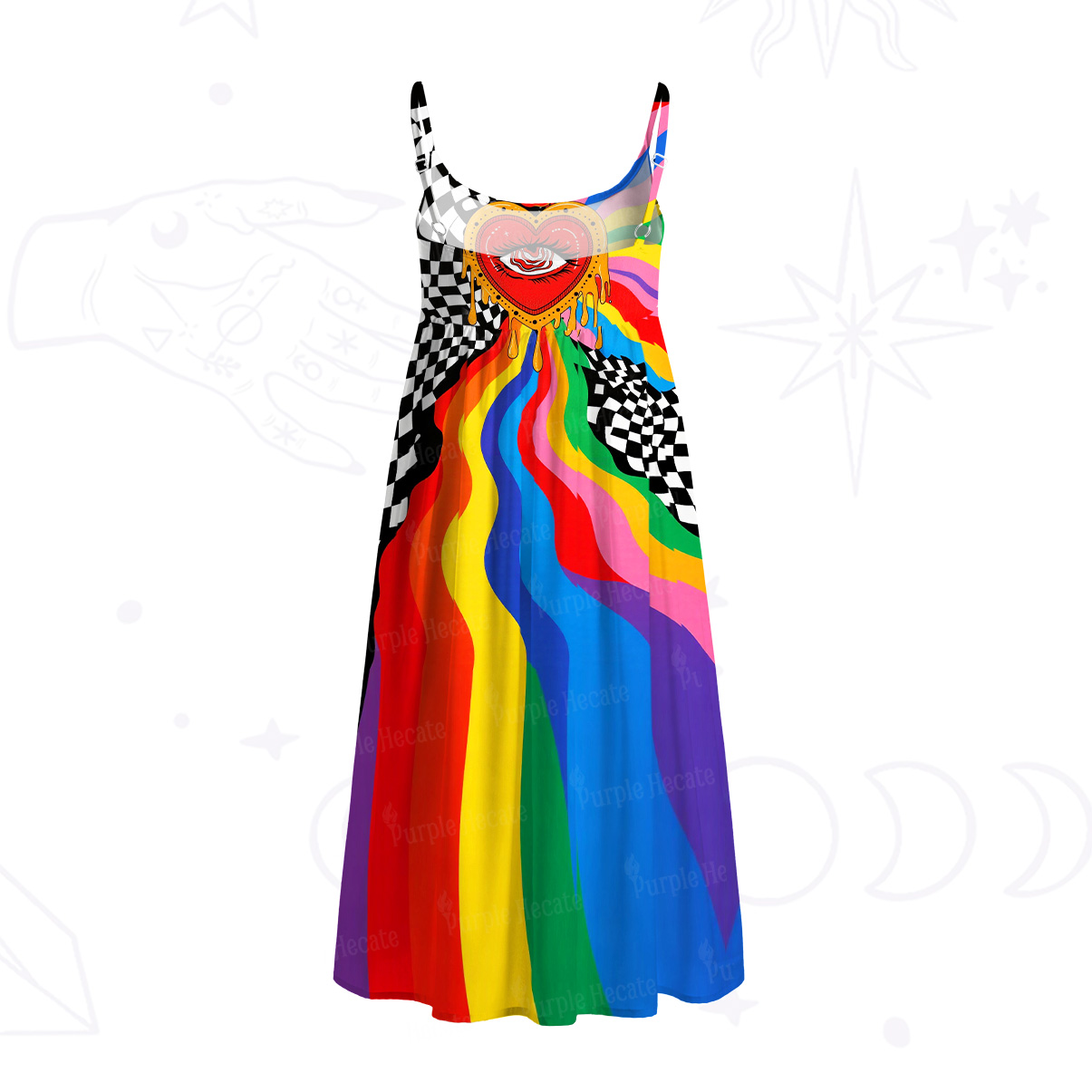 Purplehecate Trippy Rainbow Heart Eye Spaghetti Strap Midi Dress