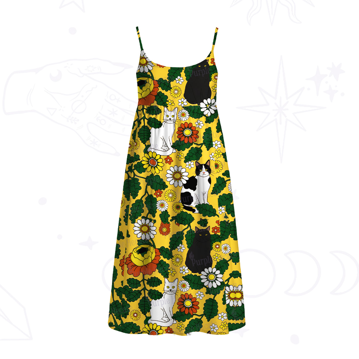Purplehecate Daisy Cat? Garden Spaghetti Strap Midi Dress