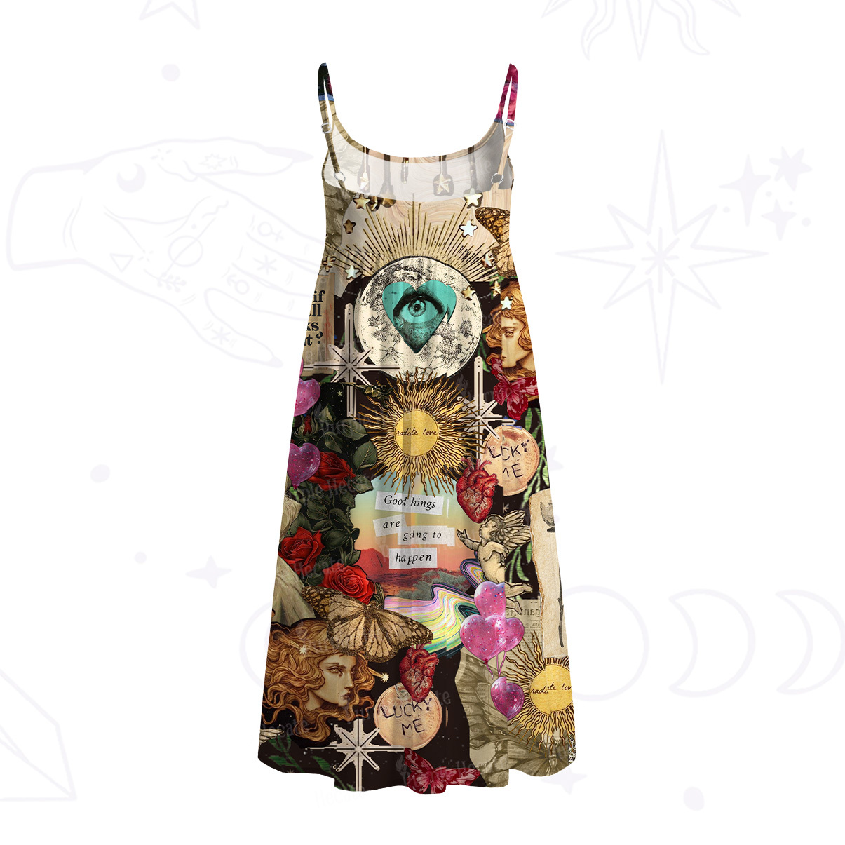 Purplehecate Lucky Me Sacred Heart Eye Spaghetti Strap Midi Dress