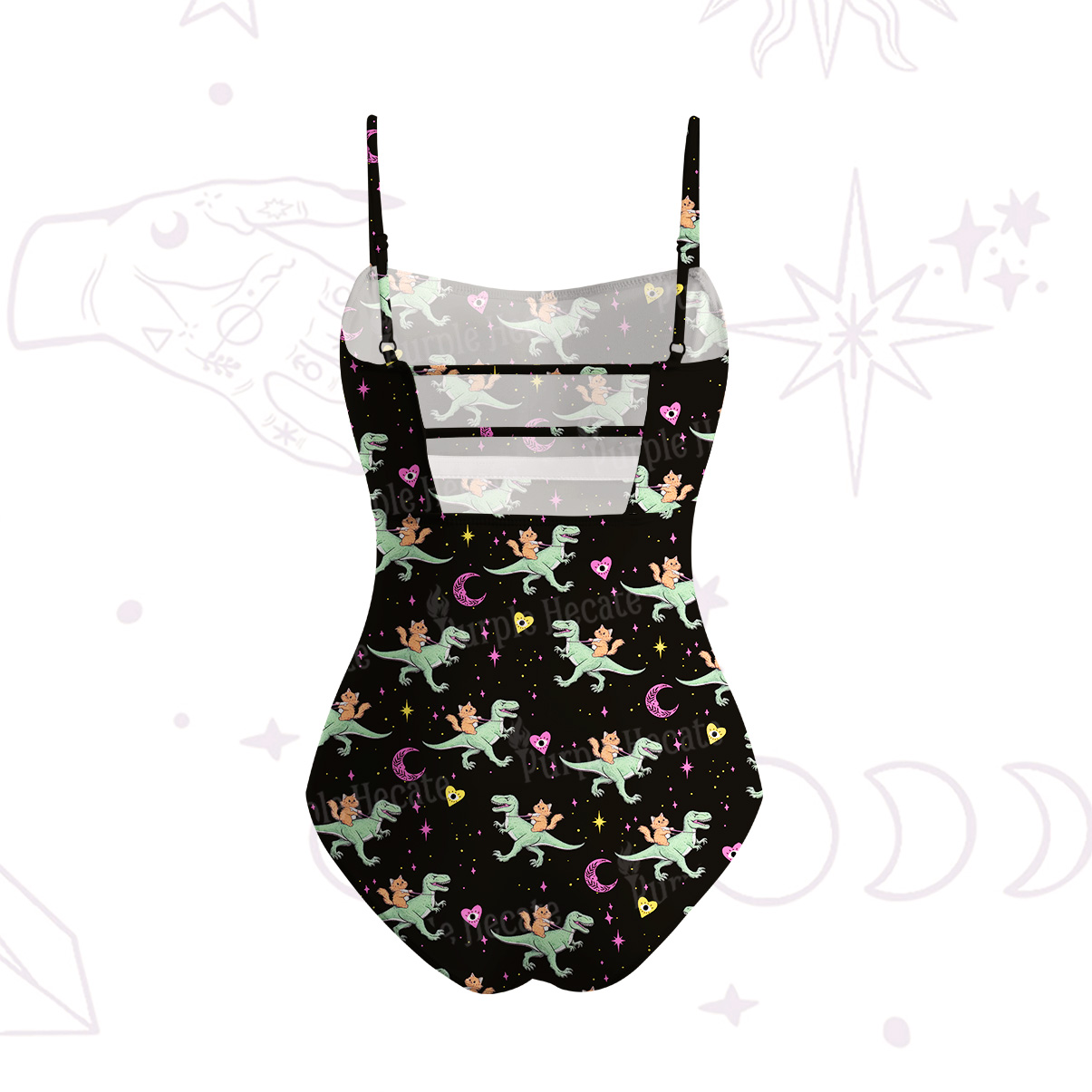 Purplehecate Witch Cat Rides the Dino Slim-Strap Swimsuit