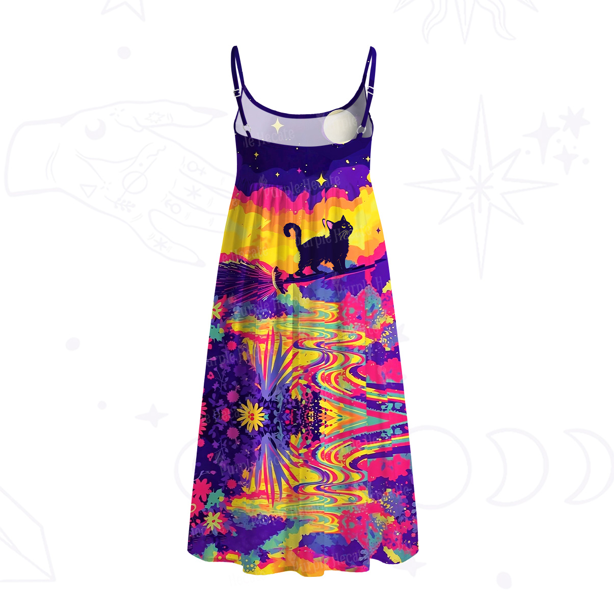 Purplehecate Midnight Cosmic Cat Fantasy Spaghetti Strap Midi Dress
