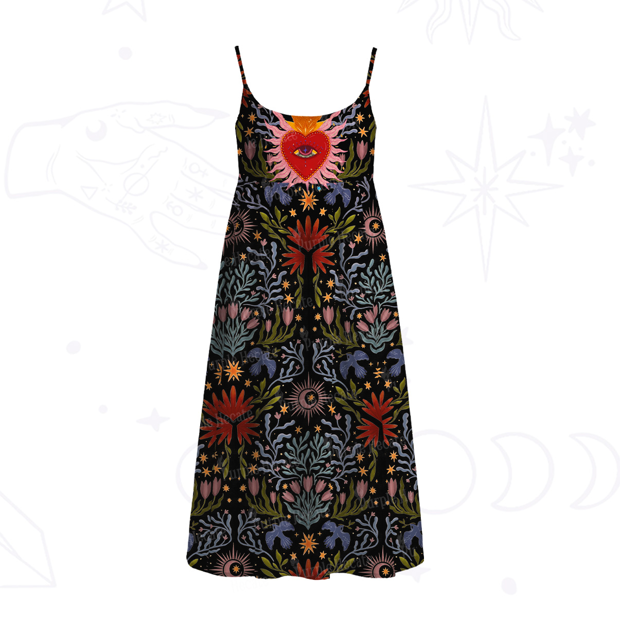 Purplehecate Sacred Flame Heart Spaghetti Strap Midi Dress
