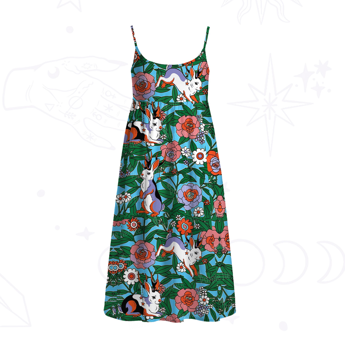 Purplehecate Mystic Blossom Bunny Garden Spaghetti Strap Midi Dress