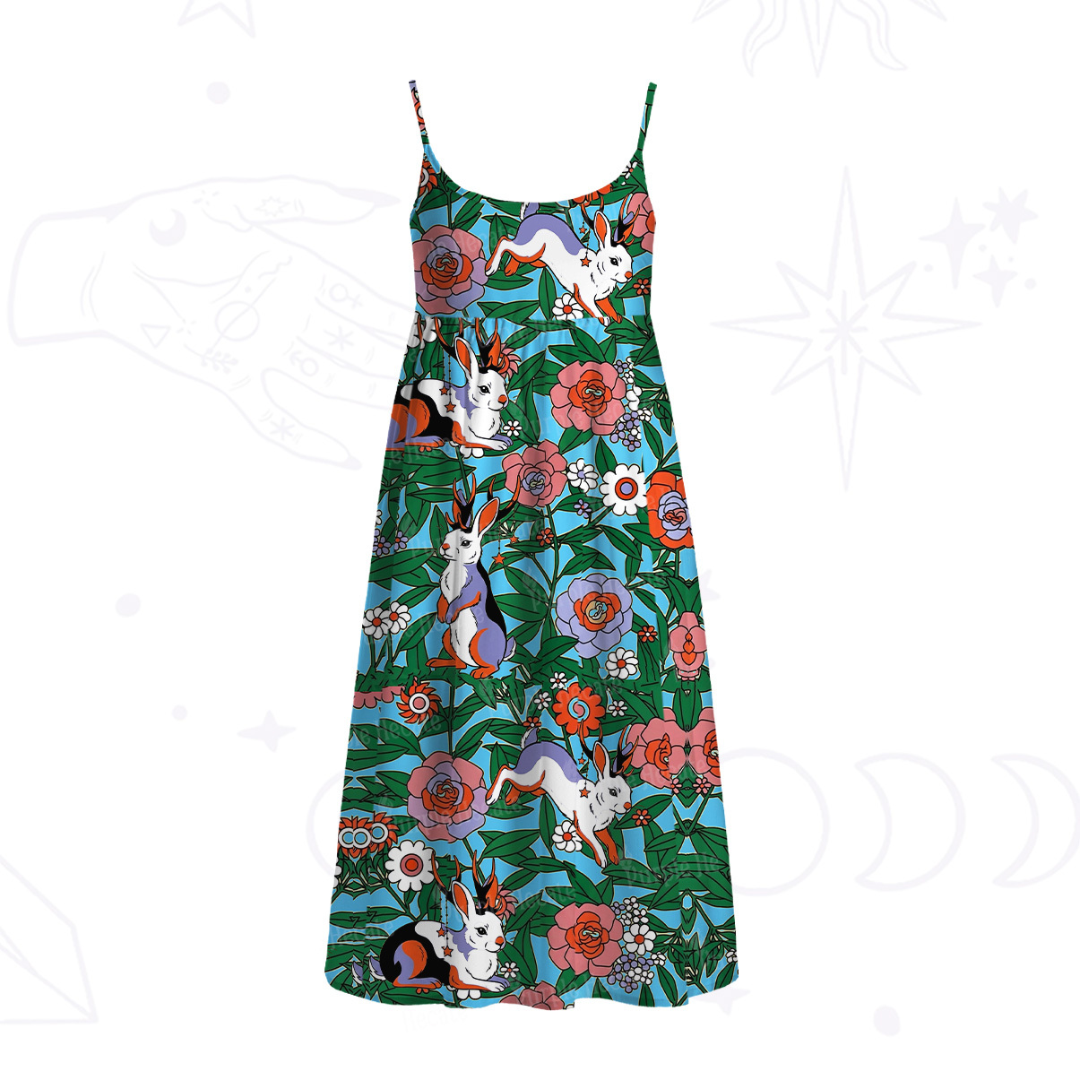 Purplehecate Mystic Blossom Bunny Garden Spaghetti Strap Midi Dress