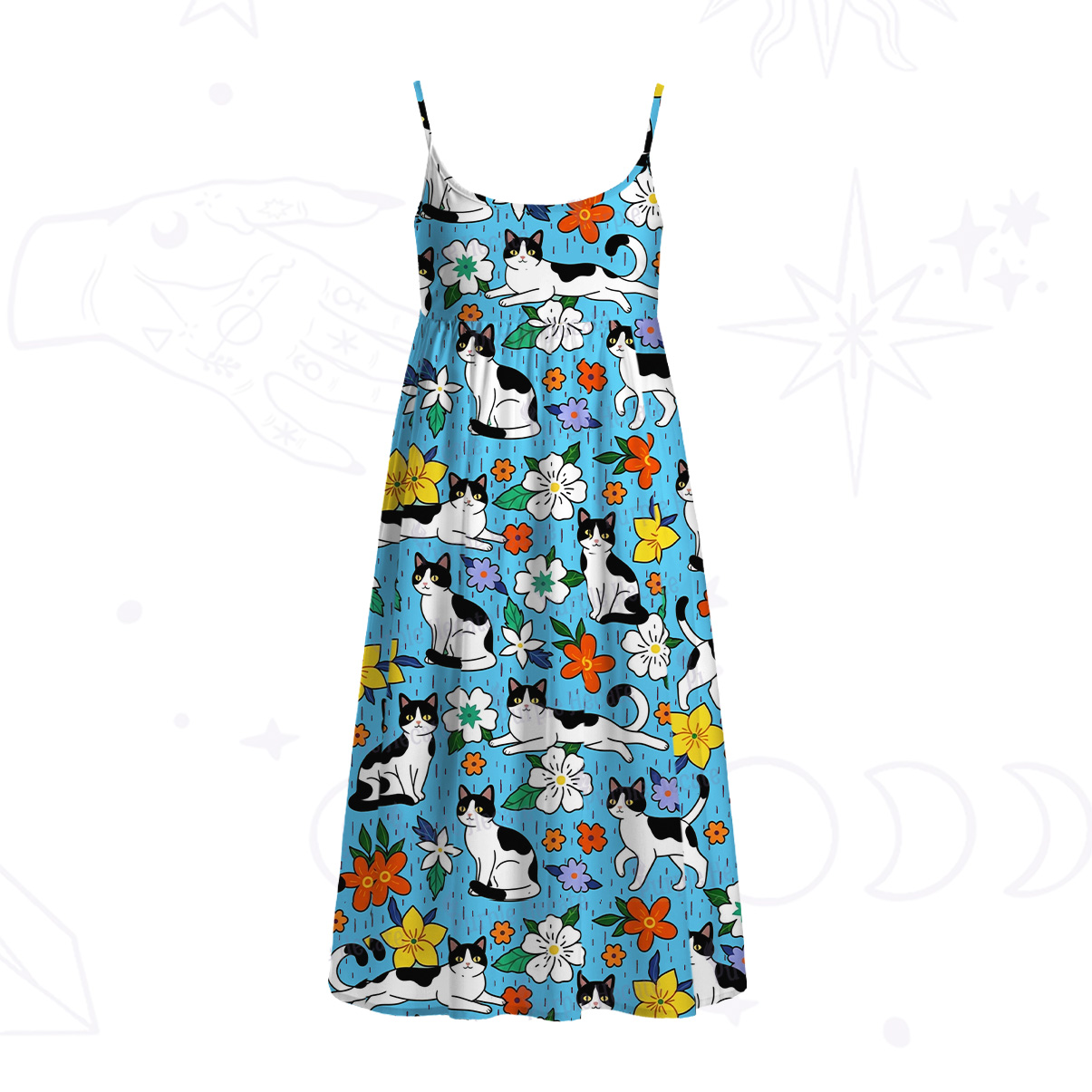 Purplehecate Enchanted Spring Whispering Cat Spaghetti Strap Midi Dress