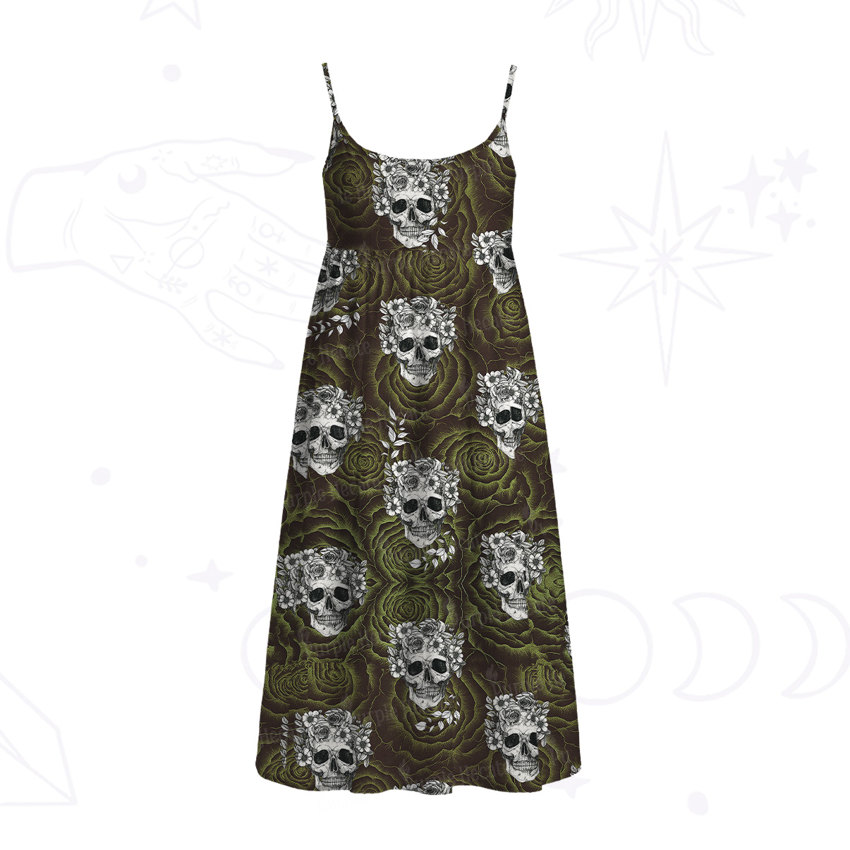 Purplehecate Rose Skull Spaghetti Strap Midi Dress