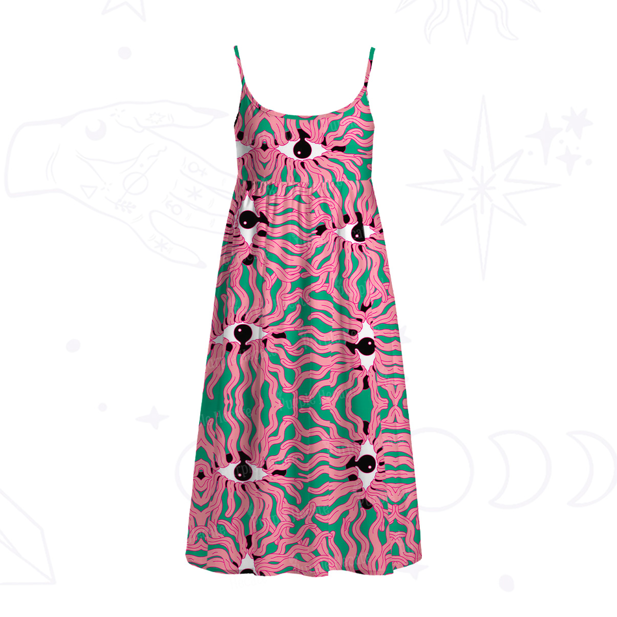 Purplehecate Psychedelic Wave Eyes Spaghetti Strap Midi Dress
