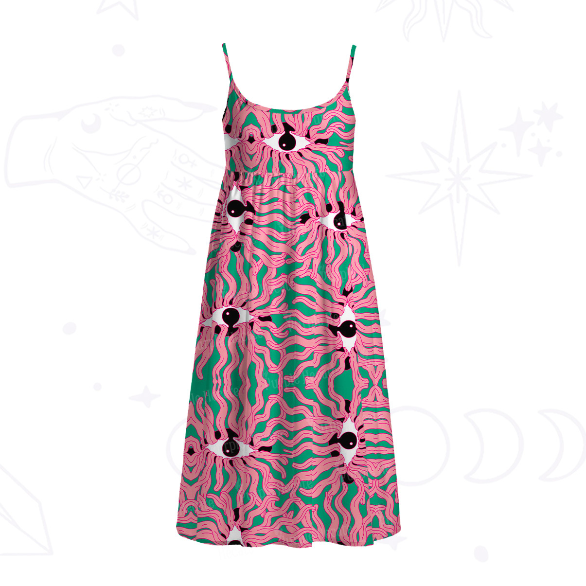 Purplehecate Psychedelic Wave Eyes Spaghetti Strap Midi Dress