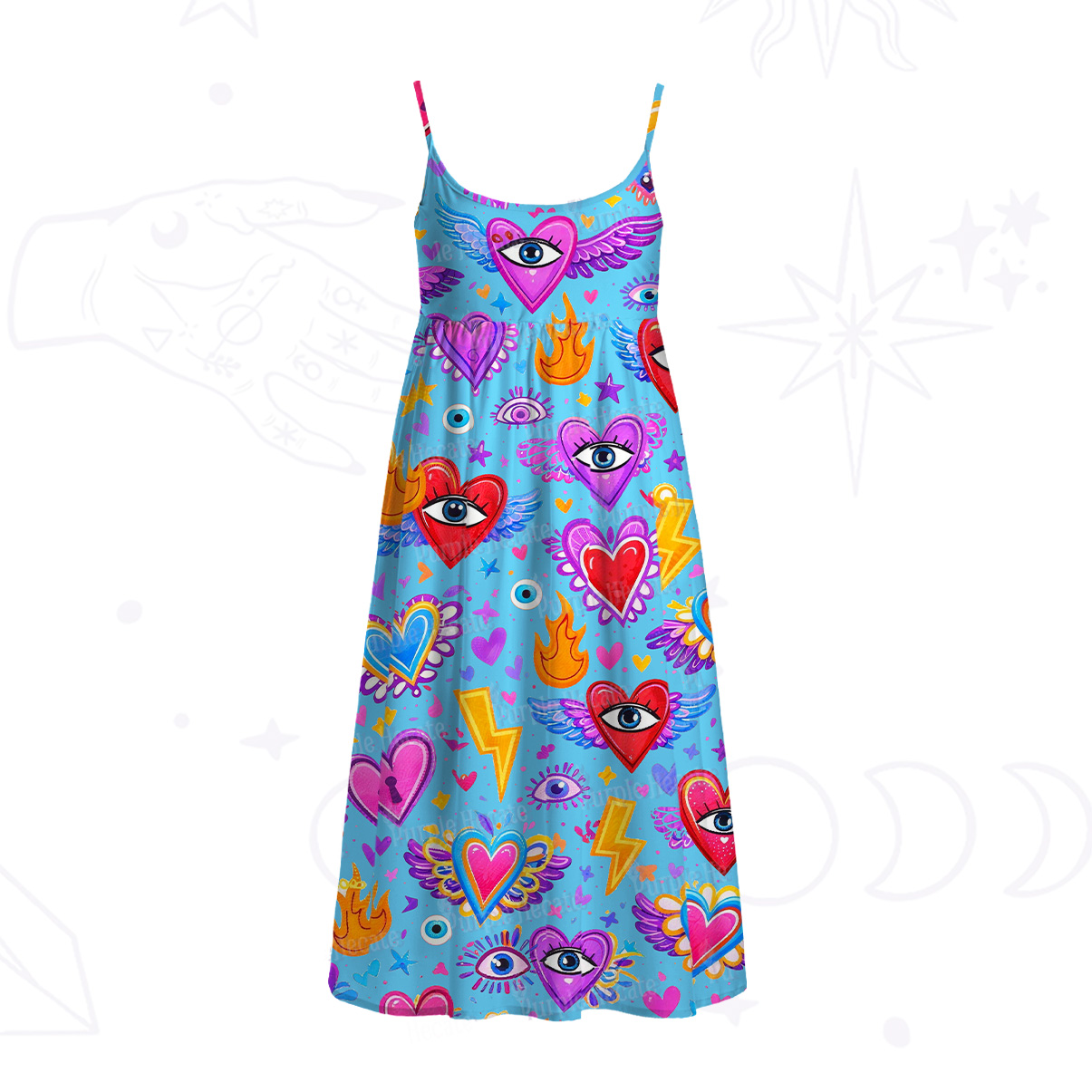 Purplehecate Mystic Heart Eye Wings Spaghetti Strap Midi Dress