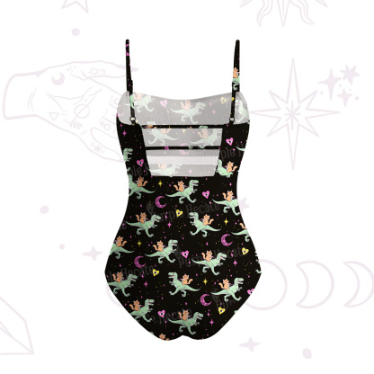 Purplehecate Witch Cat Rides the Dino Slim-Strap Swimsuit