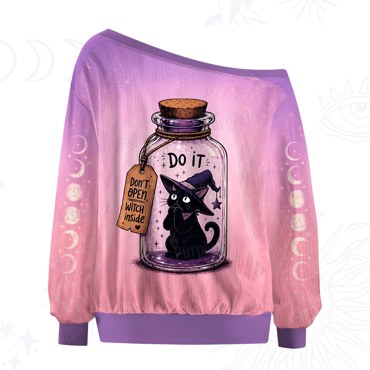 Purplehecate Witchy Cat in a Bottle Off The Shoulder Graphic Jersey