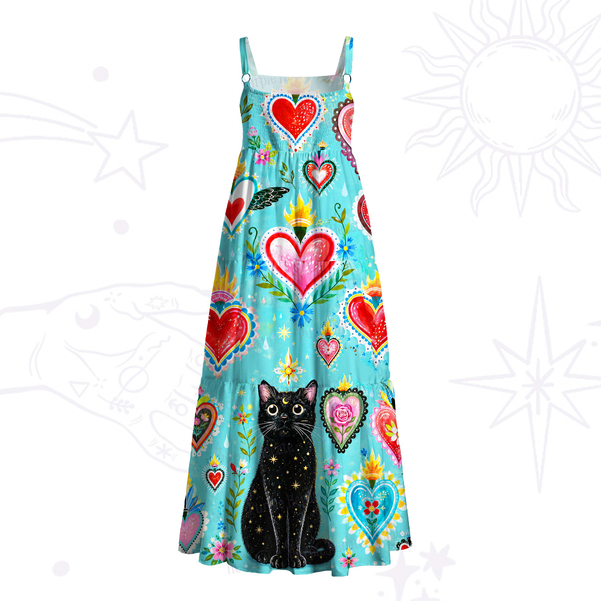 Purplehecate Mystic Heart Black Cat Wide Straps Maxi Dress