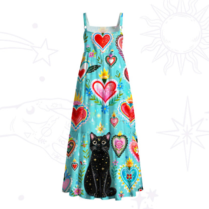 Purplehecate Mystic Heart Black Cat Wide Straps Maxi Dress