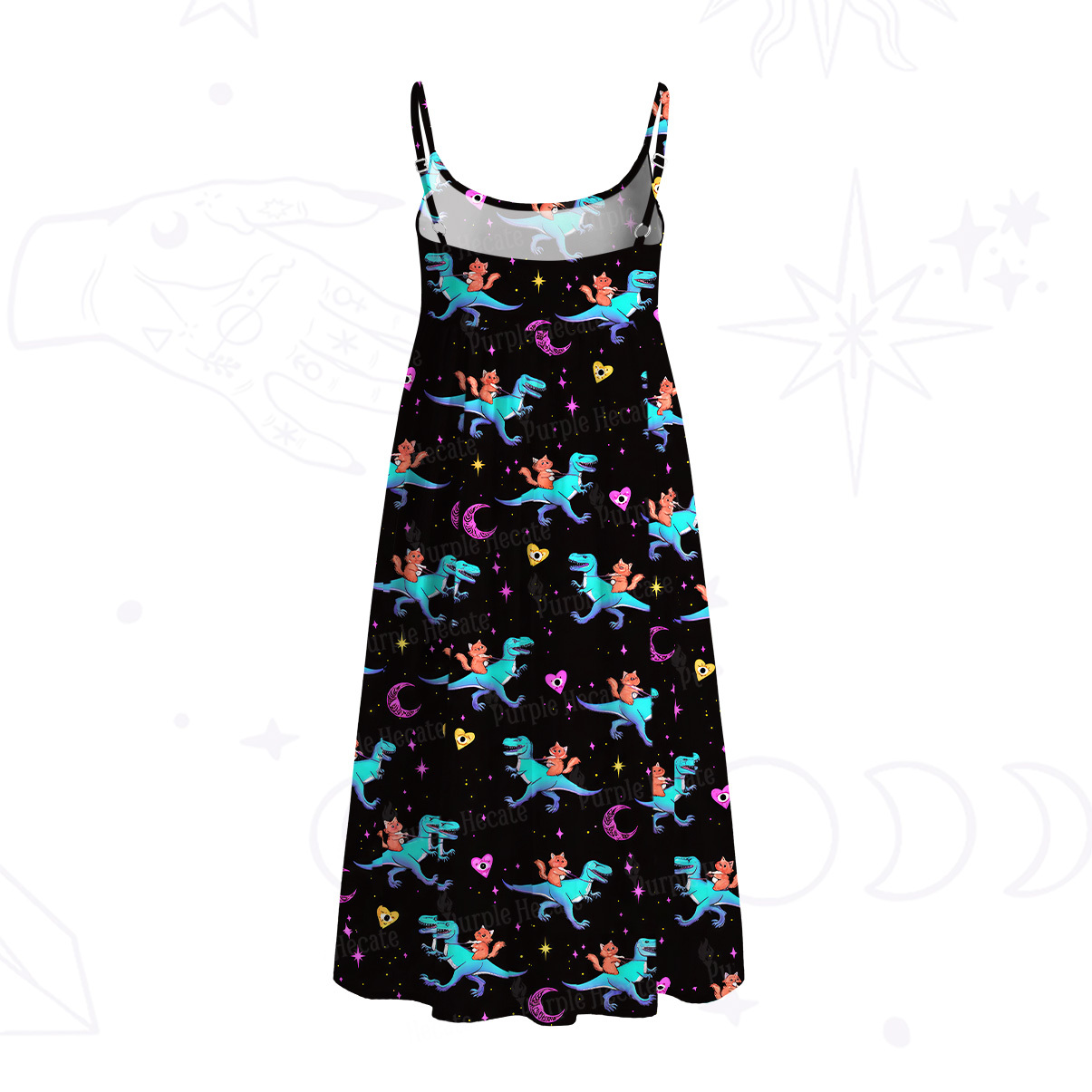 Purplehecate Witch Cat Rides the Dino Spaghetti Strap Midi Dress