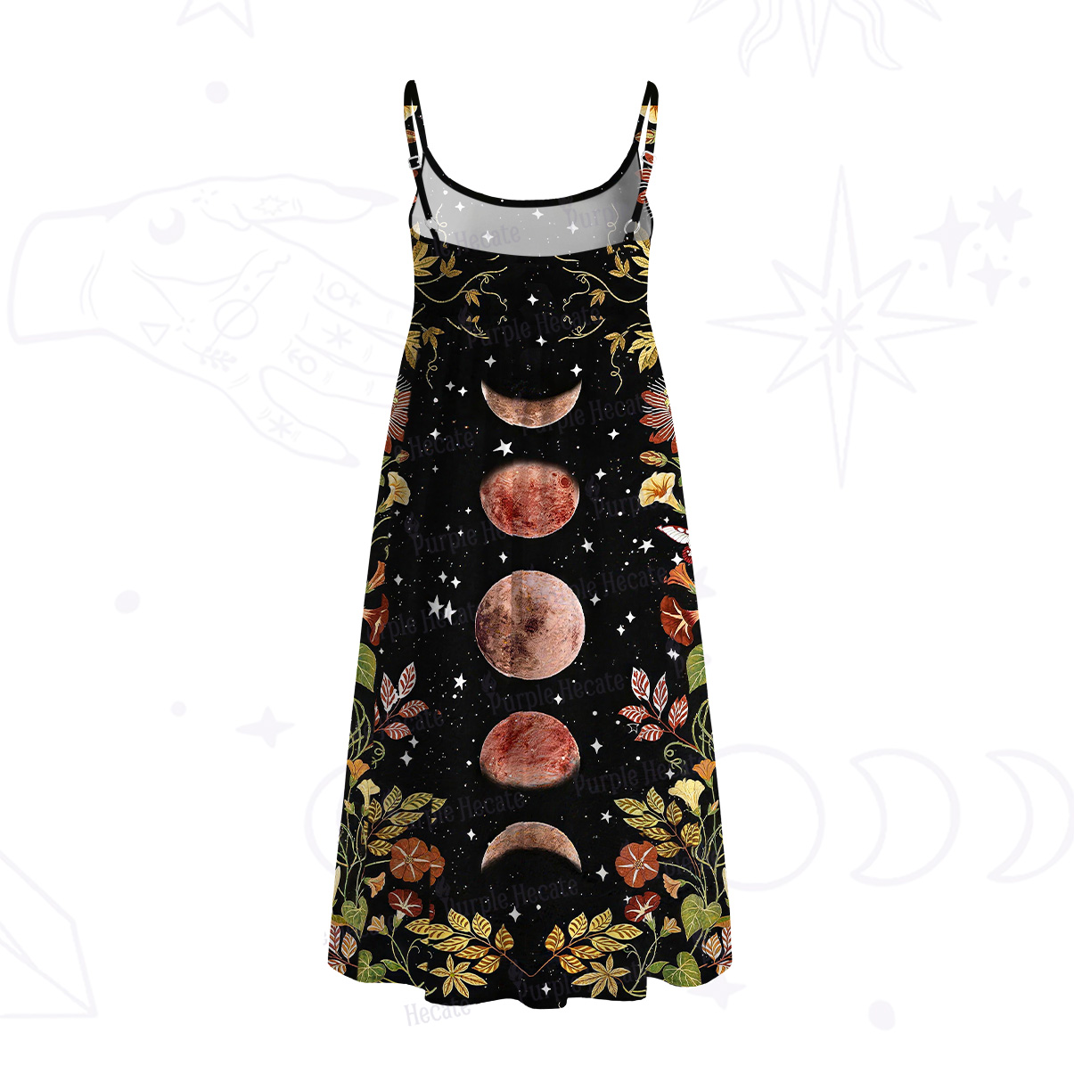 Purplehecate Moon Phase Floral Spaghetti Strap Midi Dress