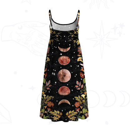 Purplehecate Moon Phase Floral Spaghetti Strap Midi Dress