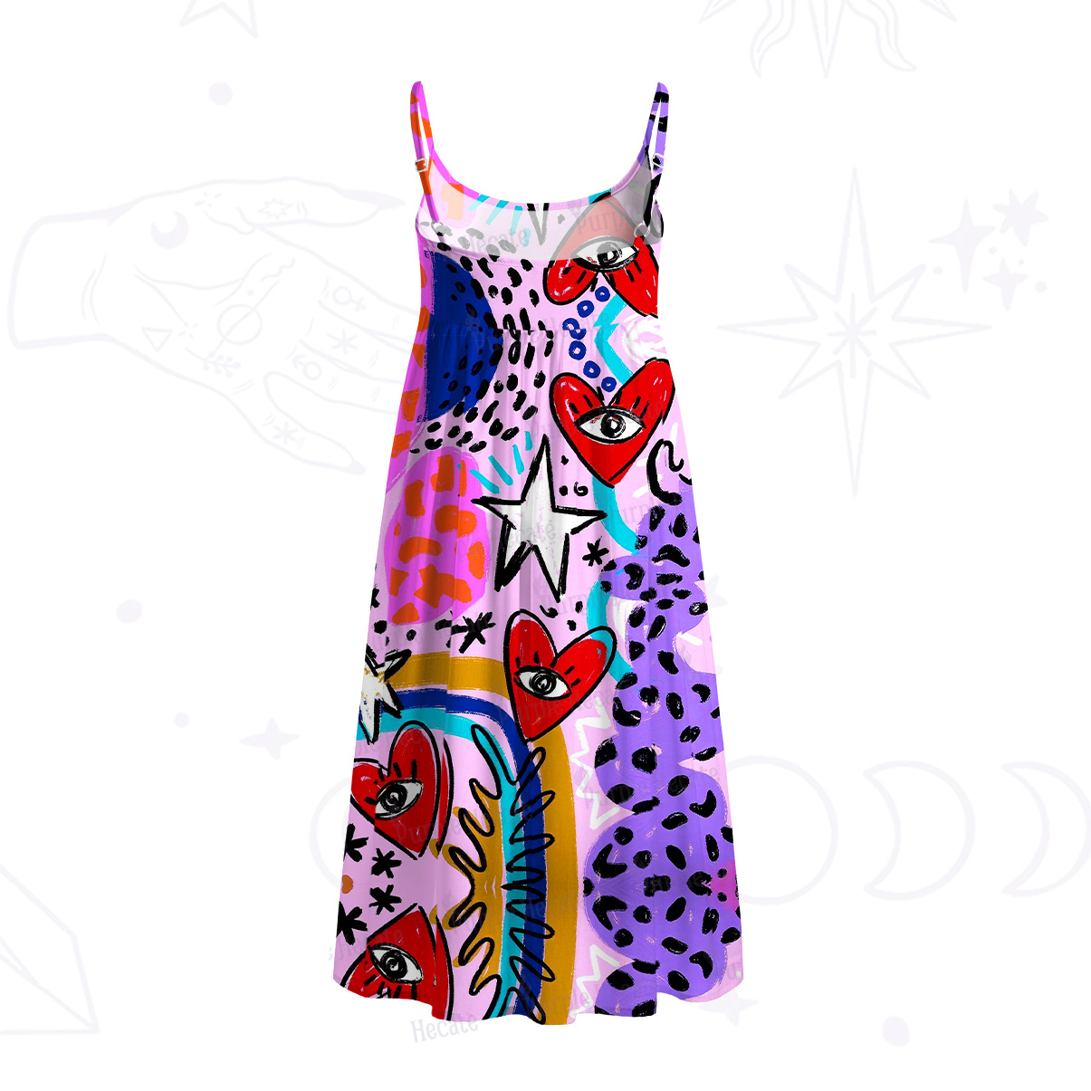 Purplehecate Cosmic Love Eyes Graffiti Spaghetti Strap Midi Dress