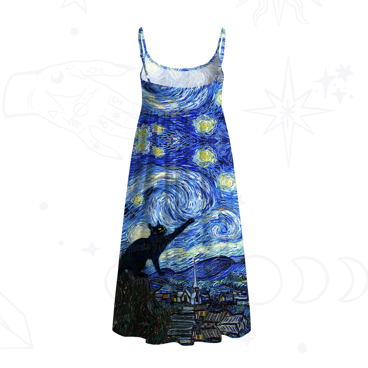 Purplehecate Witch Cat Under the Starry Night Spaghetti Strap Midi Dress
