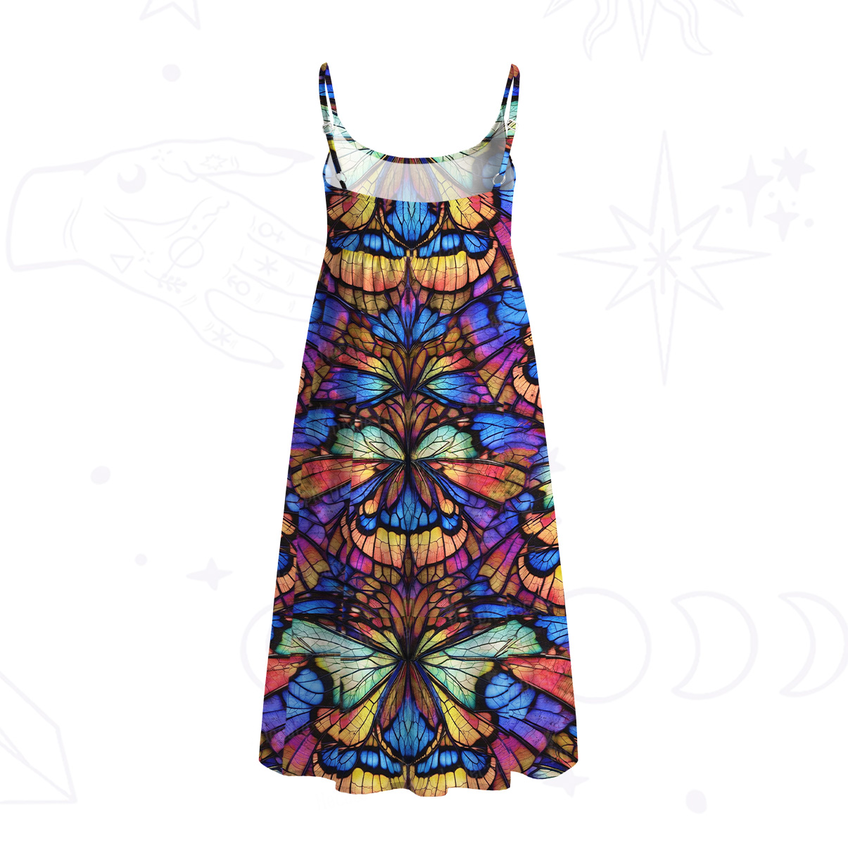Purplehecate Colorful Butterfly Wing Pattern Spaghetti Strap Midi Dress