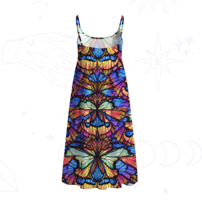 Purplehecate Colorful Butterfly Wing Pattern Spaghetti Strap Midi Dress
