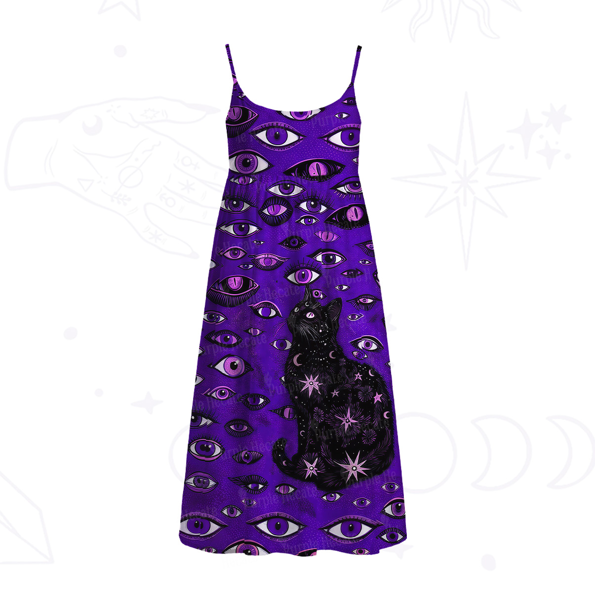 Purplehecate Cosmic Watcher Cat Spaghetti Strap Midi Dress