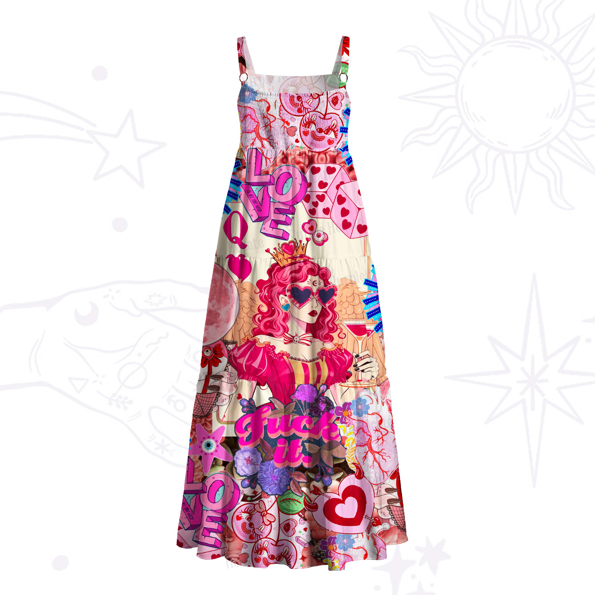 Purplehecate Queen of Hearts Angel Graphic Wide Straps Maxi Dress