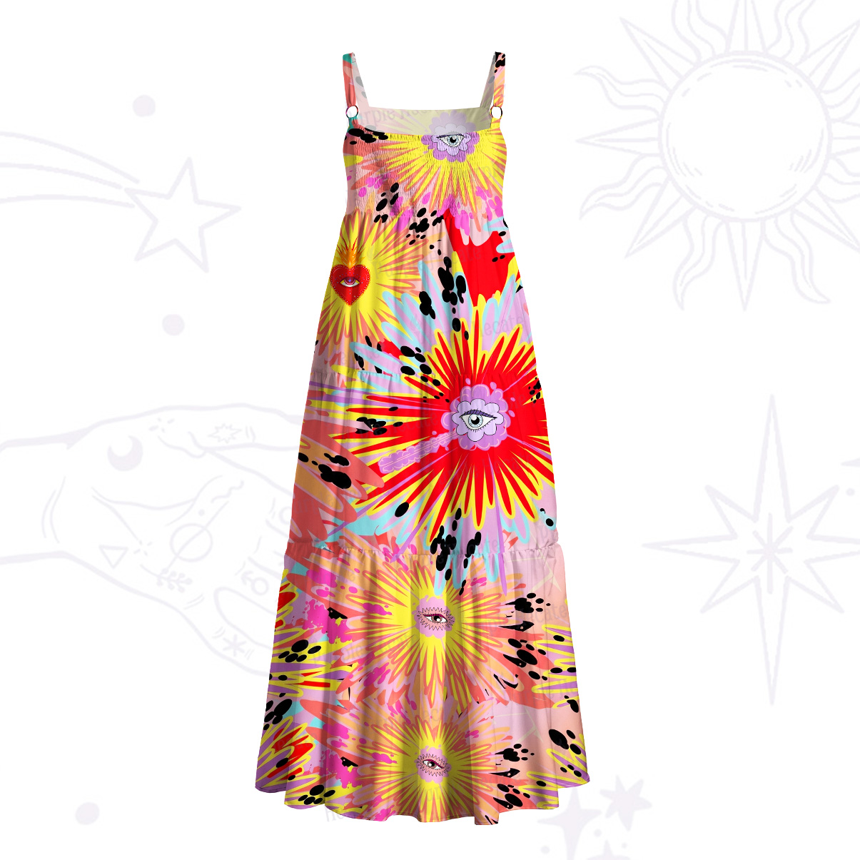 Purplehecate Heartburst Firework Eye Wide Straps Maxi Dress