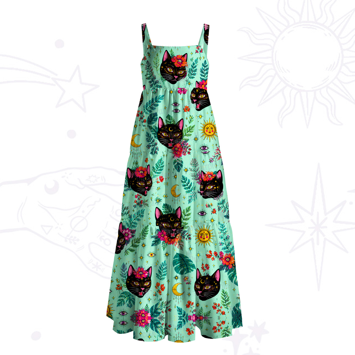 Purplehecate The Wizard's Proud Black Cat Wide Straps Maxi Dress
