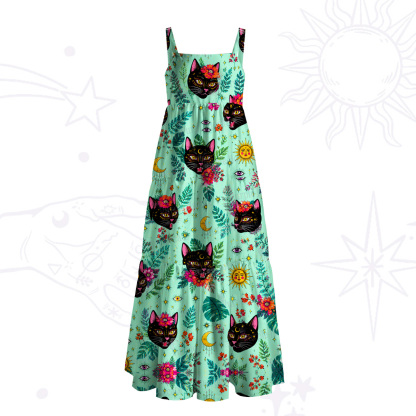 Purplehecate The Wizard's Proud Black Cat Wide Straps Maxi Dress