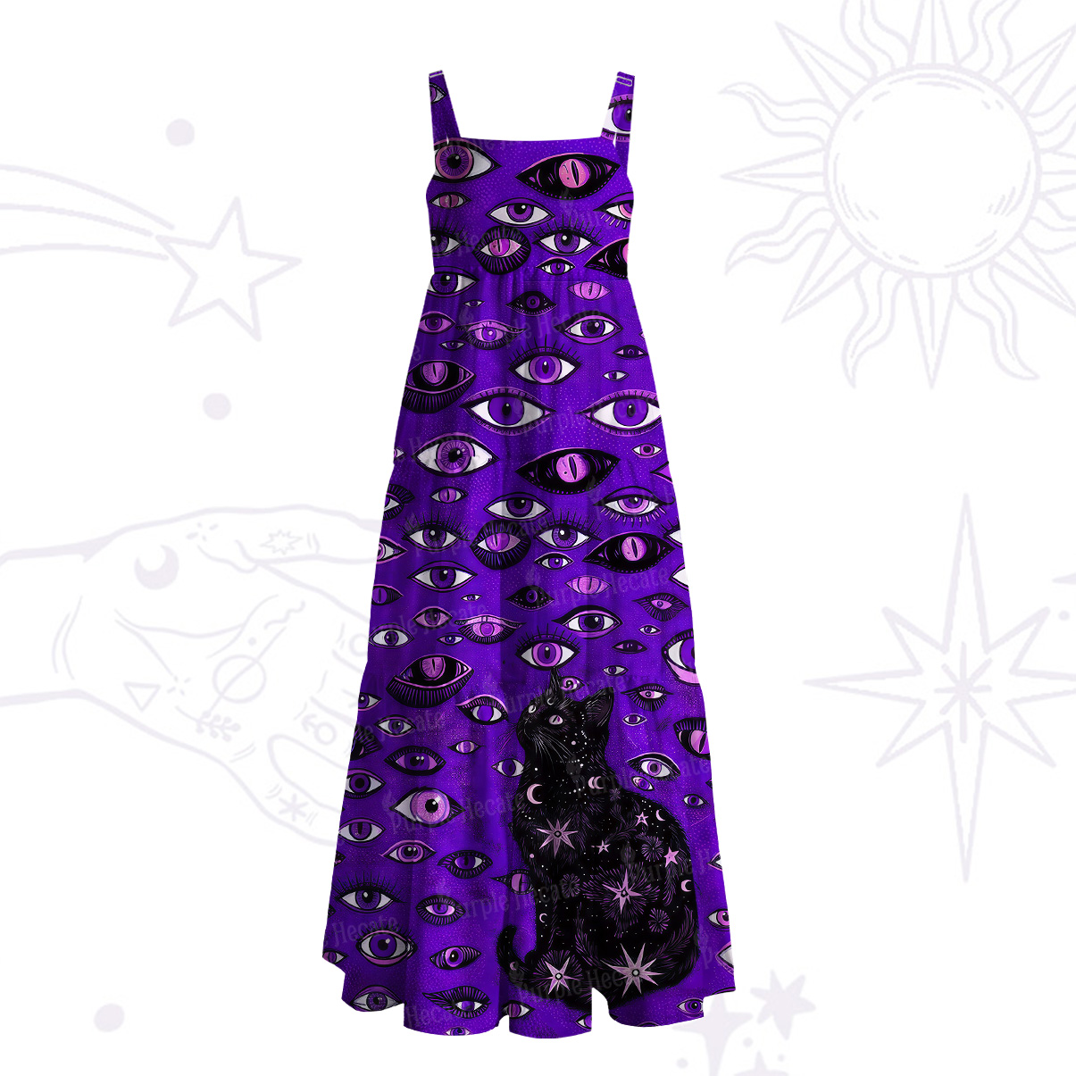 Purplehecate Cosmic Watcher Cat Wide Straps Maxi Dress