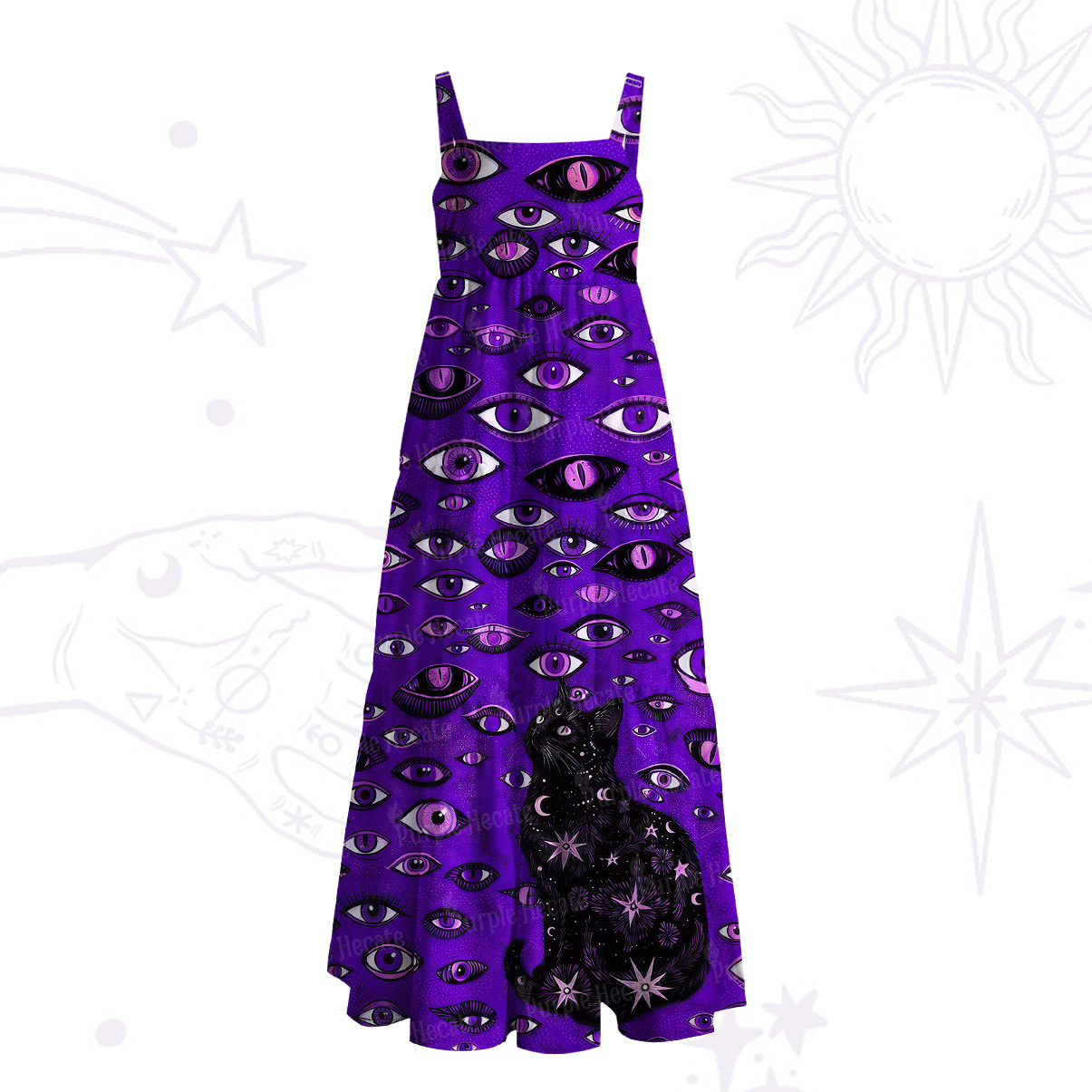 Purplehecate Cosmic Watcher Cat Wide Straps Maxi Dress