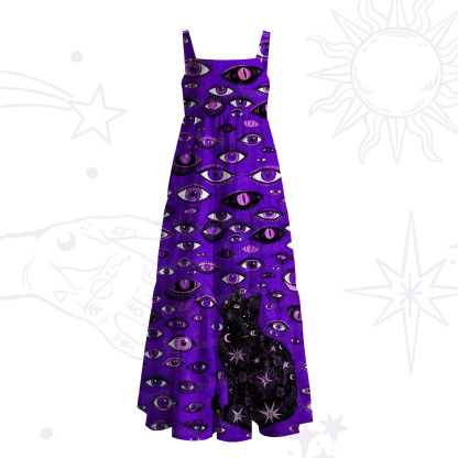 Purplehecate Cosmic Watcher Cat Wide Straps Maxi Dress