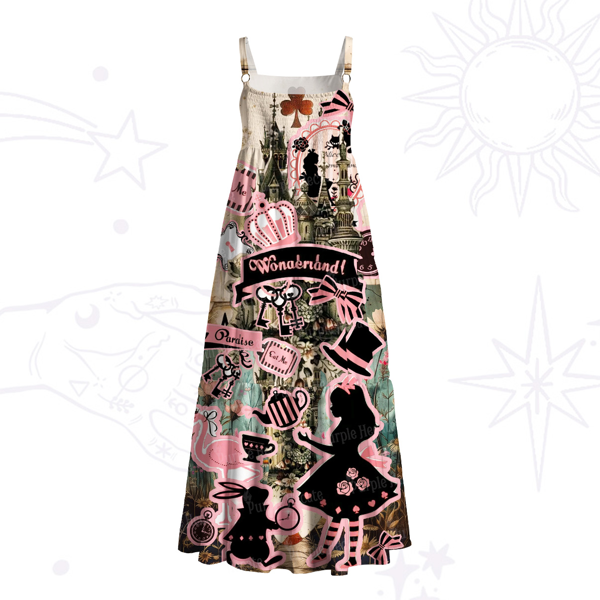 Purplehecate Wonderland Alice’s Tea Party Wide Straps Maxi Dress