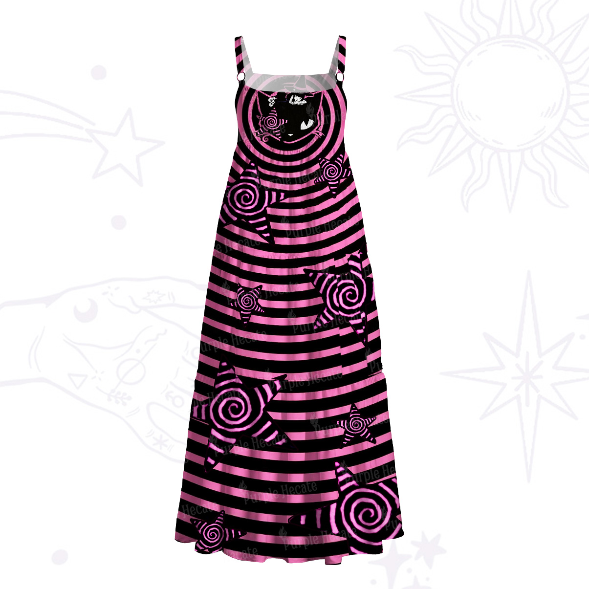 Purplehecate Trippy Spiral Black Cat Wide Straps Maxi Dress