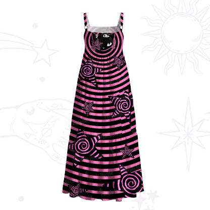 Purplehecate Trippy Spiral Black Cat Wide Straps Maxi Dress