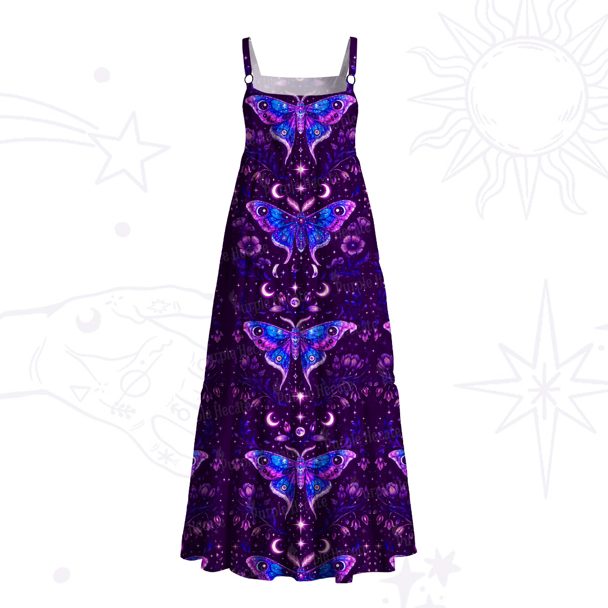 Purplehecate Moonlit Mystic Moth Wide Straps Maxi Dress