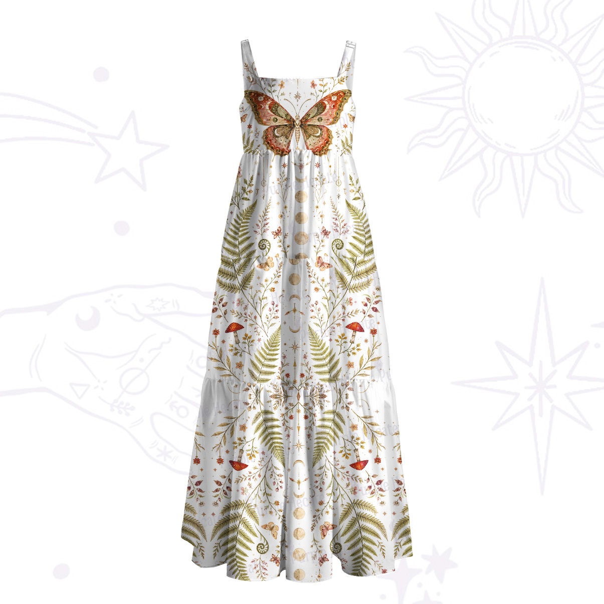 Purplehecate Moon Moth in the Enchanted Forest Wide Straps Maxi Dress