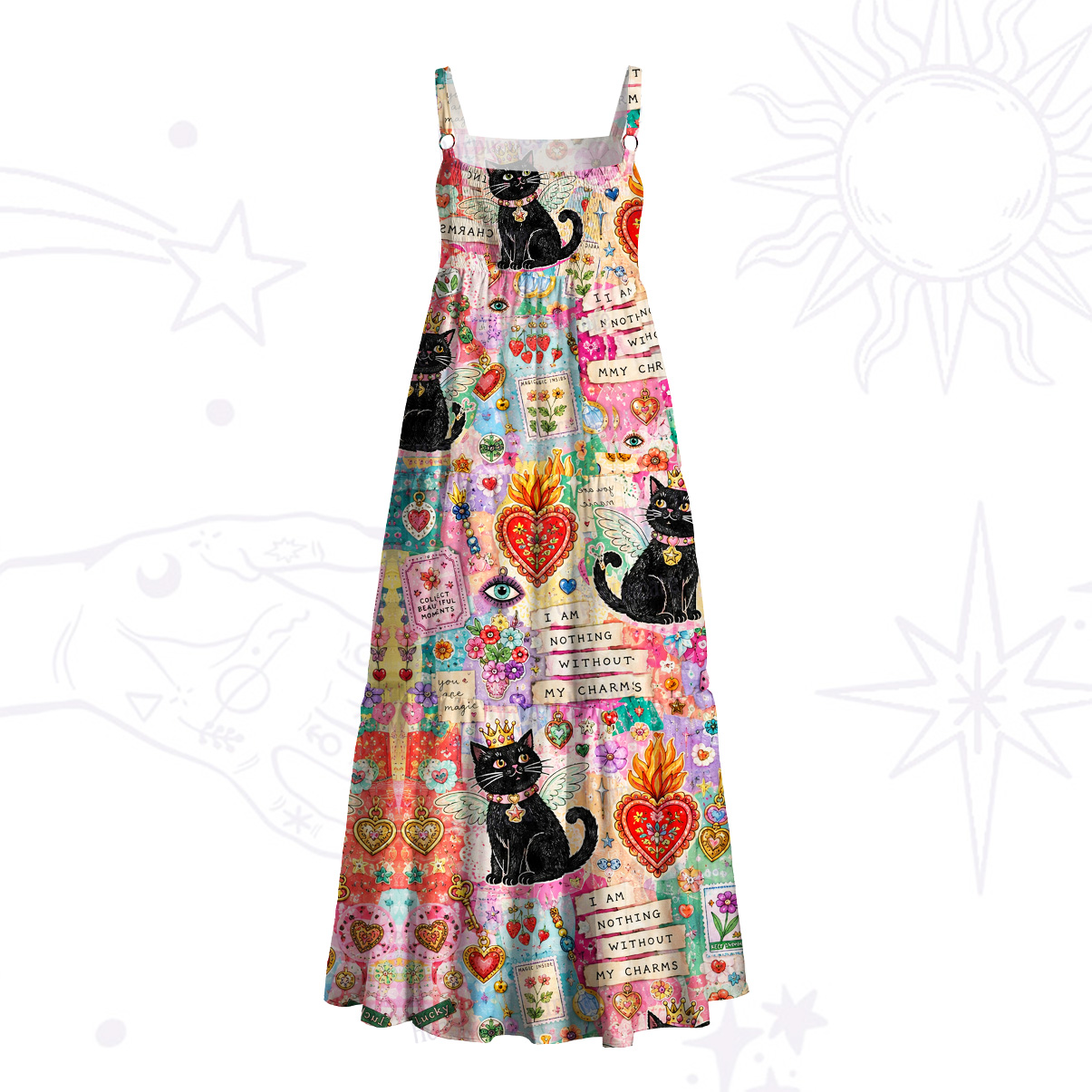 Purplehecate Never Without My Charms Black Cat Wide Straps Maxi Dress