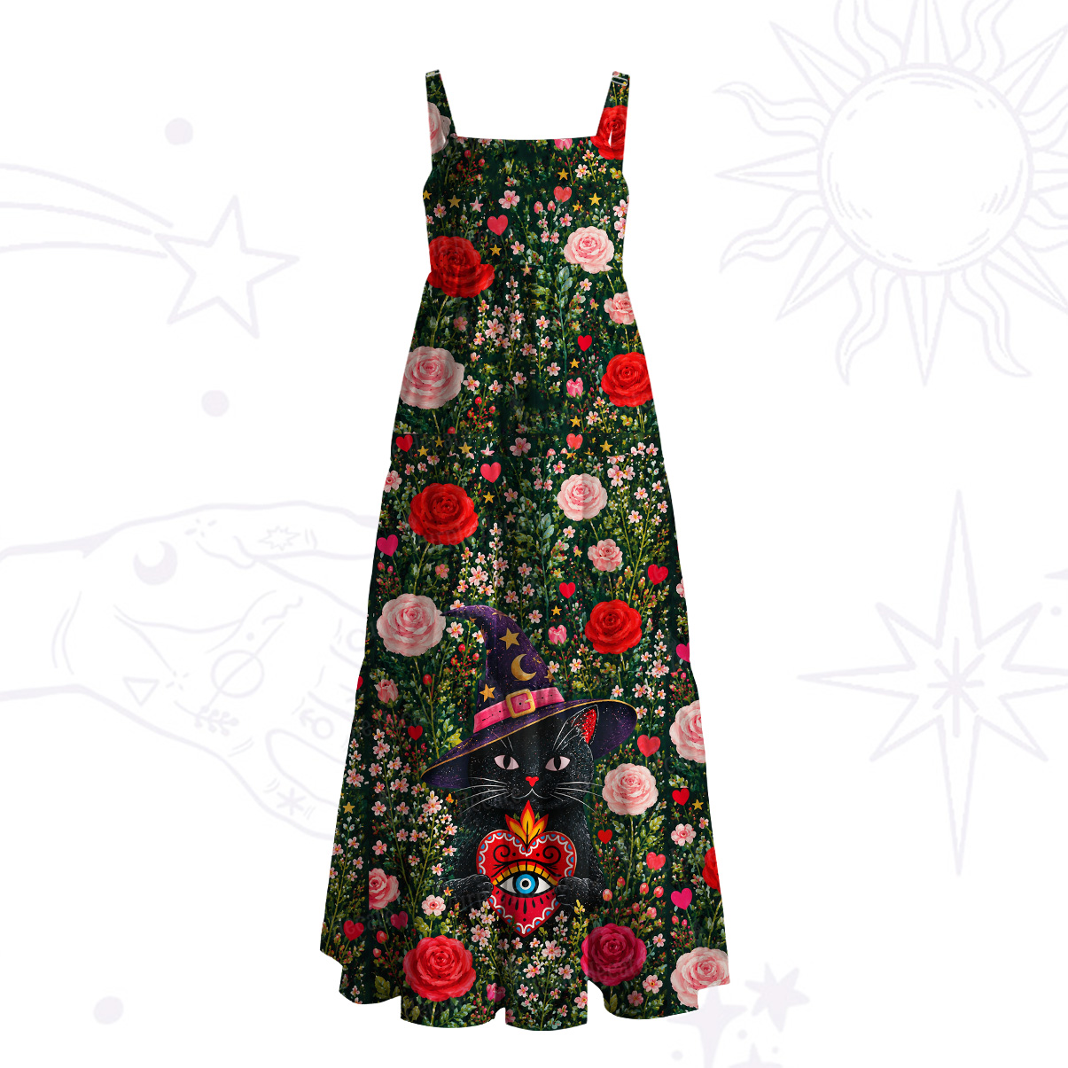 Purplehecate Secret Garden Witch Cat Wide Straps Maxi Dress