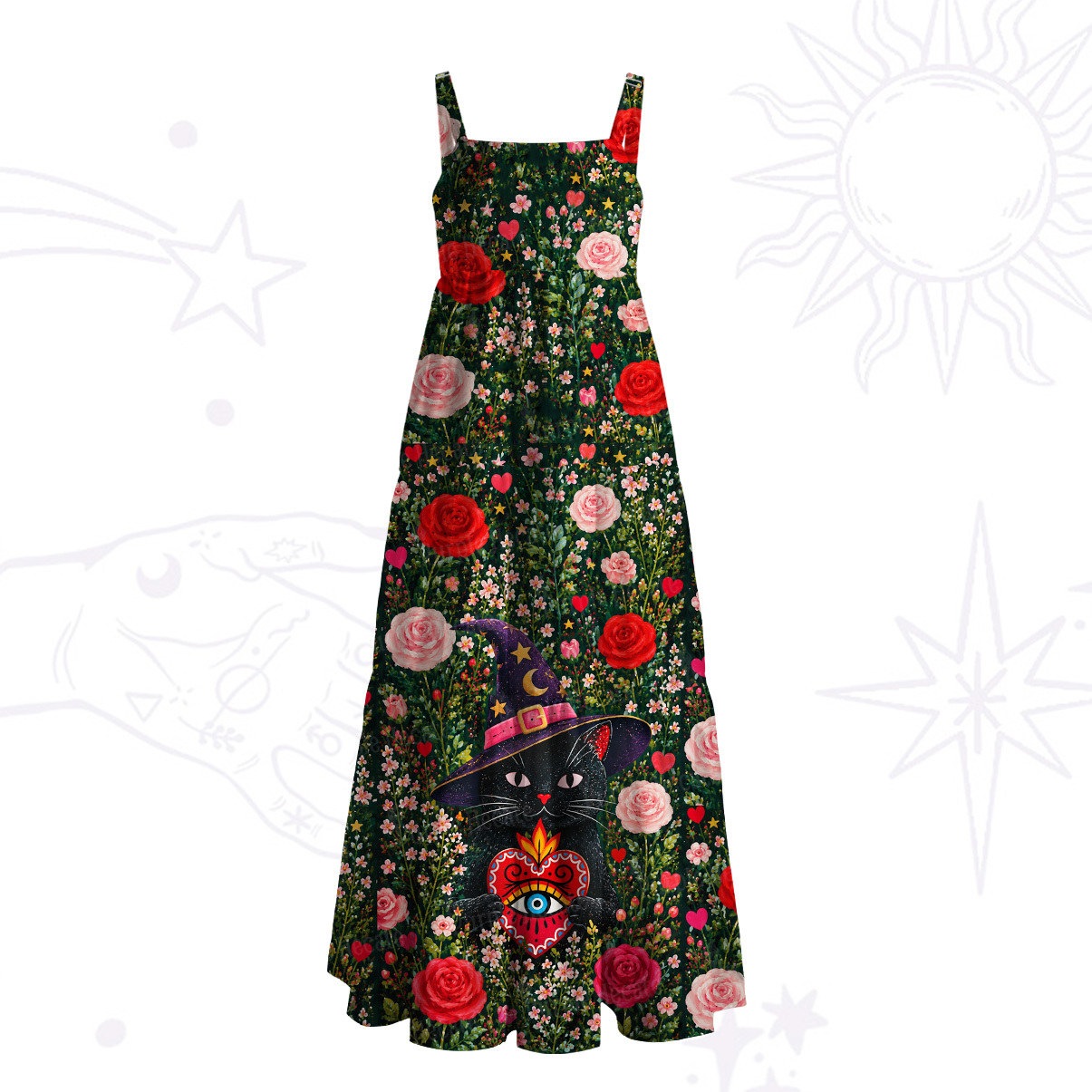 Purplehecate Secret Garden Witch Cat Wide Straps Maxi Dress