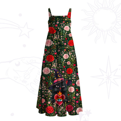 Purplehecate Secret Garden Witch Cat Wide Straps Maxi Dress