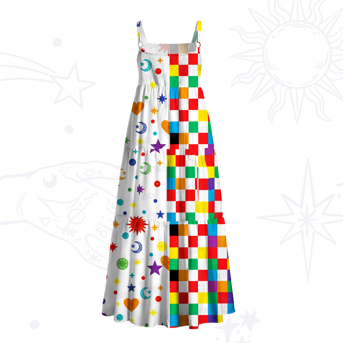 Purplehecate Celestial Rainbow Blocks Wide Straps Maxi Dress