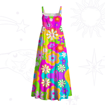 Purplehecate Psychedelic Daisy Flower Power Wide Straps Maxi Dress